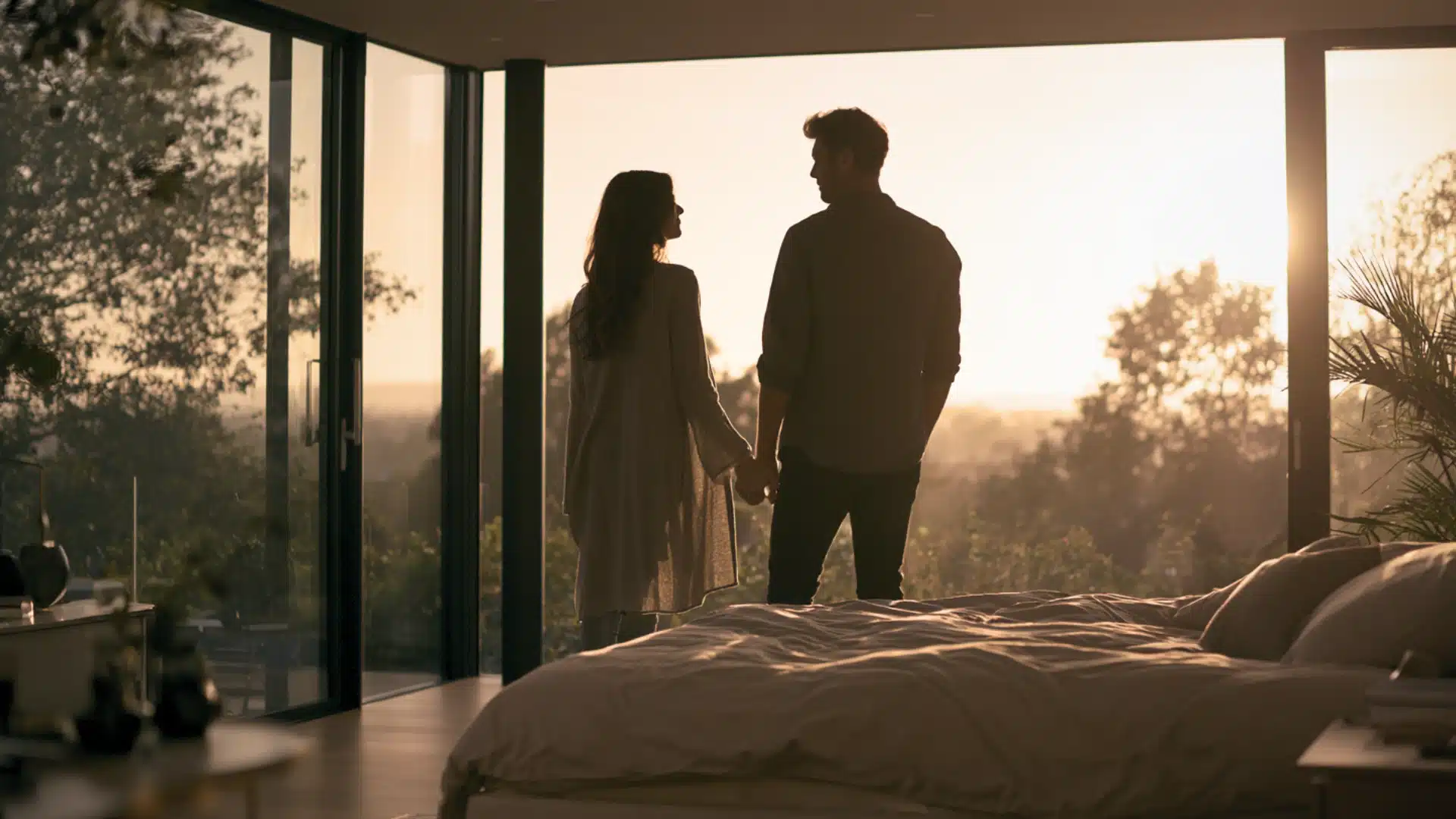 A couple stands side by side in front of a large window showcasing a bright and airy indoor setting.