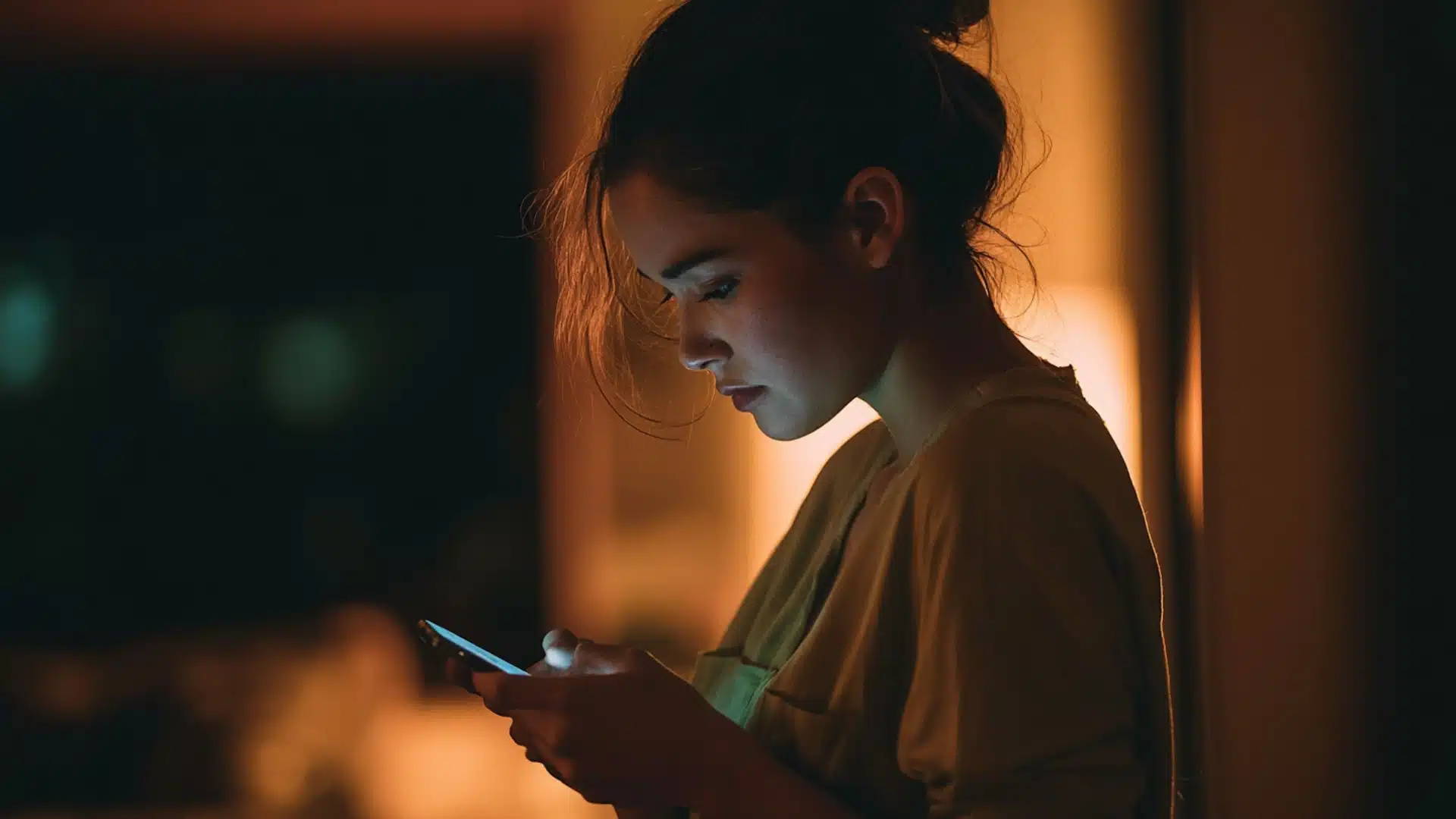 A young woman with her hair in a bun looks down at her smartphone, illuminated by the screen's glow in a dimly lit room.