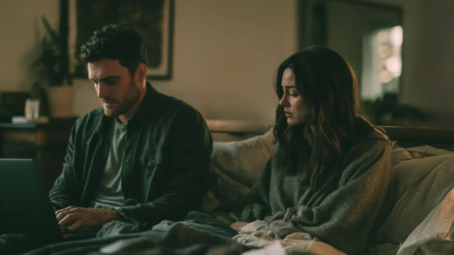 Married couple in bedroom with husband working on laptop while wife looks emotionally distant showing fading intimacy