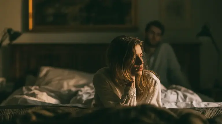 A man is sitting in the shadows; a woman looks away, distant, she is wearing white. they are on a bed.
